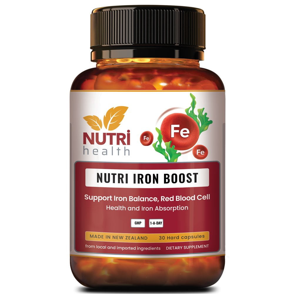 NUTRI IRON BOOST is a premium product of NUTRI HEALTH NEW ZEALAND. NUTRI IRON BOOST is the perfect synergy of Iron, New Zealand Seaweed, Vitamin C and Folic Acid to support iron balance, red blood cell health and iron absorption.