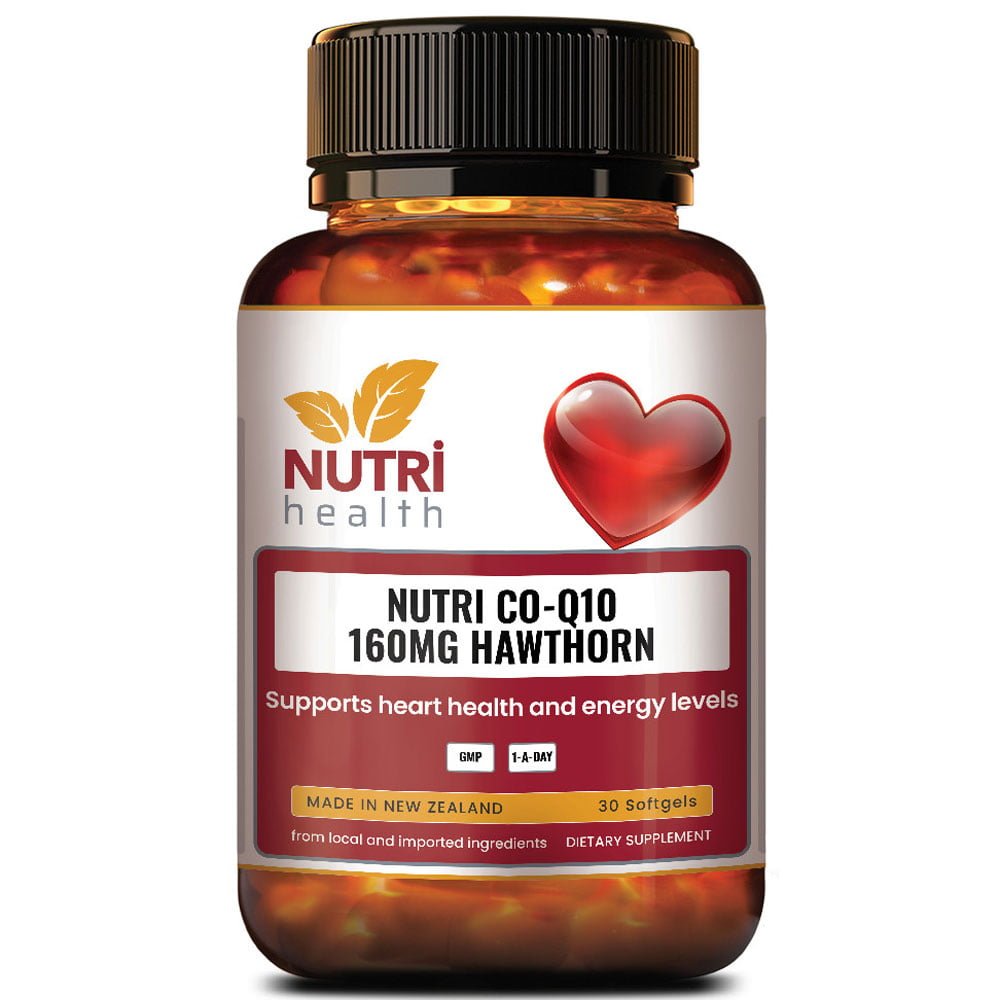 NUTRI CO-Q10 160mg HAWTHORN is a premium product of Nutri Health New Zealand. NUTRI CO-Q10 160mg HAWTHORN supports heart health and energy levels. It contains naturally fermented Co-Q10 and Hawthorn widely used as a heart tonic. All supplied in an easy to take, 1-A-Day dose.
