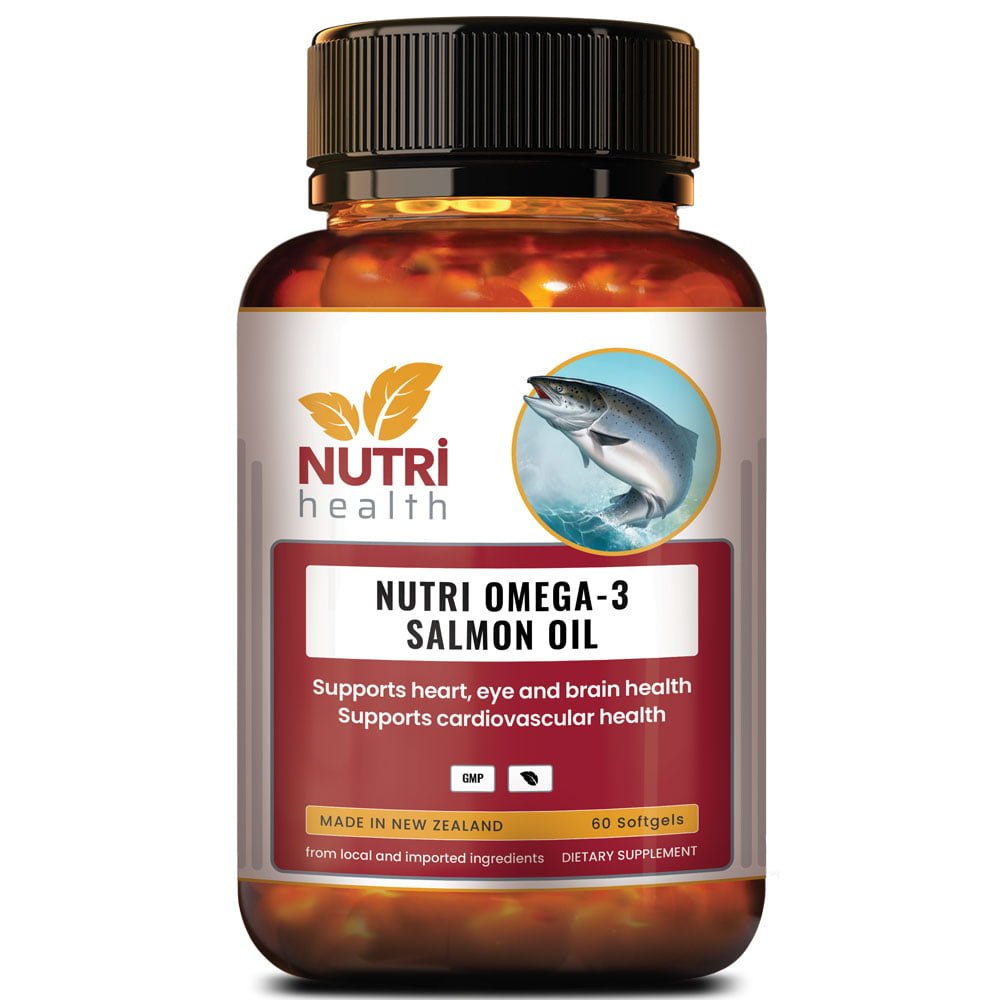 NUTRI OMEGA-3 SALMON OIL is a premium product of Nutri Health New Zealand brand. NUTRI OMEGA-3 SALMON OIL supports heart, eye and brain health, and cardiovascular health. Salmon oil contain Omega 3 EPA and DHA Essential Fatty Acids which are important nutrients for general health and wellbeing.