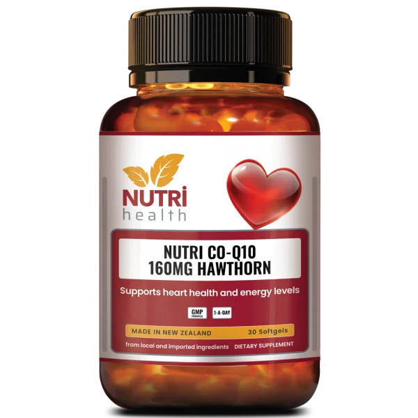 NUTRI CO-Q10 160mg HAWTHORN is a premium product of Nutri Health New Zealand. NUTRI CO-Q10 160mg HAWTHORN supports heart health and energy levels. It contains naturally fermented Co-Q10 and Hawthorn widely used as a heart tonic. All supplied in an easy to take, 1-A-Day dose.